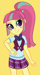 Size: 600x1113 | Tagged: safe, artist:leopardsnaps, sour sweet, human, equestria girls, g4, bowtie, clothes, crystal prep academy uniform, freckles, hand on hip, necktie, ponytail, school uniform, shirt, simple background, skirt, smiling, solo, undershirt, vest, yellow background