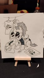 Size: 1153x2048 | Tagged: safe, artist:pony quarantine, oc, oc only, oc:dyx, alicorn, pony, body pillow, clothes, female, filly, foal, grayscale, marker drawing, monochrome, shirt, solo, sunglasses, sweat, tongue out, traditional art