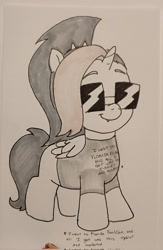 Size: 1338x2048 | Tagged: safe, artist:pony quarantine, oc, oc only, oc:dyx, alicorn, pony, clothes, female, filly, foal, grayscale, marker drawing, monochrome, shirt, smiling, solo, sunglasses, t-shirt, text, traditional art