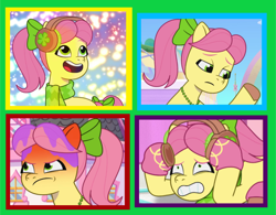 Size: 1080x841 | Tagged: safe, posey bloom, earth pony, pony, g5, angry, bow, clothes, disney, female, green background, hair bow, inside out (disney), jewelry, necklace, sad, scared, scarf, simple background, smiling