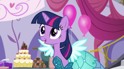 Size: 1920x1080 | Tagged: safe, screencap, twilight sparkle, alicorn, pony, canterlot boutique, g4, my little pony: friendship is magic, balloon, clothes, cute, dress, female, mare, open mouth, princess dress, smiling, solo, twiabetes, twilight sparkle (alicorn)