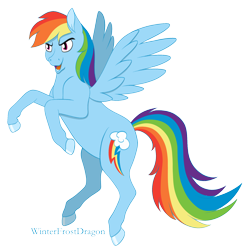 Size: 1596x1611 | Tagged: safe, artist:winterfrostdragon, rainbow dash, pegasus, pony, g4, colored hooves, female, hooves, mare, open mouth, open smile, rearing, signature, simple background, smiling, solo, spread wings, transparent background, wings