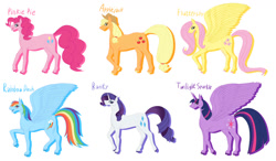 Size: 1171x683 | Tagged: safe, artist:ireneroxanne666, applejack, fluttershy, pinkie pie, rainbow dash, rarity, twilight sparkle, alicorn, earth pony, pegasus, pony, unicorn, g4, group, horn, mane six, raised hoof, sextet, simple background, small head, twilight sparkle (alicorn), white background