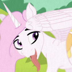 Size: 440x440 | Tagged: safe, artist:kujivunia, edit, princess celestia, alicorn, princess molestia, g4, cropped, distortion, fixed, horn, long tongue, outdoors, pink mane, smiling, solo, spread wings, tongue out, wings