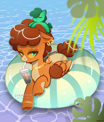 Size: 1775x2075 | Tagged: safe, artist:scarffist, derpibooru exclusive, oc, oc only, pegasus, pony, base used, bubble tea, commission, countershading, curly mane, curly tail, drink, drinking, ear piercing, earring, food, green eyes, jewelry, leaves, ocean, outdoors, piercing, plushie, relaxing, solo, tail, tea, toy, water, ych result