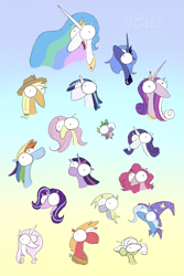 Size: 1365x2048 | Tagged: safe, artist:me-beef, applejack, big macintosh, derpy hooves, fleur-de-lis, fluttershy, granny smith, pinkie pie, princess cadance, princess celestia, princess luna, rainbow dash, rarity, shining armor, spike, starlight glimmer, trixie, twilight sparkle, alicorn, dragon, earth pony, pegasus, pony, unicorn, g4, big eyes, bug eyes, bust, female, gradient background, horn, male, mane seven, mane six, mare, s1 luna, stallion, twilight sparkle (alicorn), underp