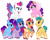 Size: 3508x2835 | Tagged: safe, artist:xiaowu07, hitch trailblazer, izzy moonbow, misty brightdawn, pipp petals, sunny starscout, zipp storm, alicorn, earth pony, pegasus, pony, unicorn, g4, g5, artificial horn, artificial wings, augmented, blaze (coat marking), bracelet, coat markings, colored wings, diadem, ear piercing, earring, facial markings, female, flying, folded wings, g5 to g4, generation leap, horn, jewelry, magic, magic horn, magic wings, male, mane five, mane six (g5), mane stripe sunny, mare, multicolored wings, open mouth, open smile, piercing, race swap, raised hoof, rebirth misty, regalia, simple background, smiling, socks (coat markings), spread wings, stallion, style emulation, sunnycorn, white background, wings