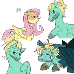 Size: 1280x1280 | Tagged: safe, artist:purplewooff, fluttershy, zephyr breeze, pegasus, pony, flutter brutter, g4, my little pony: friendship is magic, brother and sister, duo, duo male and female, female, floppy ears, frown, furry, lying down, male, mare, messy mane, muddy hooves, prone, siblings, simple background, stallion, sticks in hair, white background