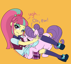 Size: 2000x1800 | Tagged: safe, artist:leopardsnaps, sour sweet, suri polomare, earth pony, human, pony, equestria girls, g4, angry, bowtie, clothes, dialogue, disgusted, duo, eyeshadow, female, freckles, frown, hug, hugging a pony, human on pony snuggling, kneesocks, looking at you, makeup, mare, necktie, orange background, ponytail, scarf, shirt, shoes, simple background, skirt, snuggling, socks, talking to viewer, undershirt, vest