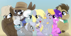 Size: 1280x646 | Tagged: safe, artist:liv-and-b-merry, amethyst star, burnt oak, chipcutter, crackle pop, derpy hooves, dinky hooves, doctor whooves, dumbbell, ms. whirlwind, silver spoon, sparkler, time turner, earth pony, pegasus, pony, unicorn, g4, amelia airhoof, aunt and nephew, aunt and niece, bowtie, brother and sister, brother in law, brothers, bunny ears (gesture), clothes, cloven hooves, colt, cousins, cute, equestria's best mother, family, family photo, father and child, father and daughter, father and son, female, filly, foal, glasses, gradient background, grin, group shot, headcanon, headcanon in the description, hooves family, horn, jewelry, looking at each other, looking at someone, looking sideways, male, mare, mother and child, mother and daughter, mother and son, necklace, necktie, offspring, one eye closed, open mouth, open smile, parent:derpy hooves, parent:doctor whooves, parents and child, parents:burntwind, parents:doctorderpy, pearl necklace, raised hoof, scarf, ship:burntwind, ship:doctorderpy, shipping, siblings, sister in law, sisters, smiling, stallion, straight, tongue out, uncle and nephew, uncle and niece, unshorn fetlocks