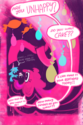 Size: 1500x2250 | Tagged: safe, artist:yl0w, part of a set, pinkie pie, rainbow dash, earth pony, pegasus, pony, comic:rainbow override, fanfic:rainbow factory, g4, abstract, birthday cake, cake, comic, curly mane, dialogue, duo, duo female, eyelashes, fanfic art, female, floppy ears, food, frown, hat, limited palette, lined paper, looking at someone, lyrics in the description, mare, no catchlights, open frown, open mouth, part of a series, party hat, profile, size difference, speech bubble, table, talking, white text, wings, wings down