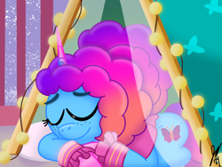 Size: 2160x1620 | Tagged: safe, artist:jesslmc16, misty brightdawn, pony, unicorn, g5, my little pony: tell your tale, sleepover!!, spoiler:g5, spoiler:my little pony: tell your tale, spoiler:tyts02e18, clothes, cute, eyes closed, female, freckles, hair bun, horn, lying down, mare, mistybetes, pajamas, pillow, rebirth misty, scene interpretation, signature, sleeping, smiling, socks, solo, tent, tyts02e18