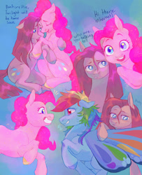 Size: 1300x1600 | Tagged: safe, artist:abbytabbys, pinkie pie, rainbow dash, butterfly, butterfly pony, earth pony, hybrid, pegasus, pony, g4, alternate universe, blue pupils, blue text, blush lines, blushing, breaking the fourth wall, colored eyebrows, colored hooves, colored pupils, comforting, crying, curly mane, curly tail, dialogue, duality, duo focus, ears back, emanata, eyelashes, eyes closed, facing you, female, floppy ears, glimmer wings, glowing, glowing body, glowing mane, glowing tail, hoof on back, hooves, implied twilight sparkle, looking at each other, looking at someone, looking at you, mare, mismatched hooves, multicolored hair, multicolored hooves, multicolored mane, multiple angles, nervous, nervous smile, open mouth, open smile, pink coat, pink eyes, pink mane, pink pupils, pink tail, pinkamena diane pie, plewds, profile, rainbow hair, raised hoof, self paradox, self ponidox, shiny eyes, shiny mane, shiny tail, sitting, smiling, smiling at someone, sparkles, sparkly, straight mane, straight tail, tail, talking, three quarter view, trio, trio female, wall of tags, white pupils, wings