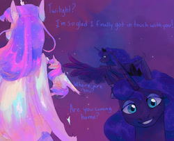 Size: 1600x1300 | Tagged: safe, artist:abbytabbys, part of a set, princess luna, twilight sparkle, alicorn, pony, fanfic:broken destiny, g4, alternate universe, artificial horn, artificial wings, augmented, blue eyes, blue eyeshadow, blue mane, broken destiny au, colored eyebrows, corrupted, corrupted twilight sparkle, dream, duo, duo female, ethereal body, ethereal horn, ethereal mane, ethereal tail, ethereal wings, eyebrows, eyebrows visible through hair, eyelashes, eyeshadow, fanfic art, feathered wings, female, folded wings, glowing, glowing body, glowing horn, glowing mane, glowing tail, glowing wings, hoof shoes, horn, jewelry, large wings, lidded eyes, looking at someone, magic, magic horn, magic wings, makeup, mare, one wing out, princess shoes, purple coat, purple text, raised hoof, shiny mane, shiny tail, smiling, sparkles, sparkly body, sparkly mane, sparkly tail, tail, talking, tiara, transformed, unstable magic, walking, wings