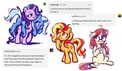 Size: 1421x837 | Tagged: safe, artist:fizpup, moondancer, starlight glimmer, sunset shimmer, trixie, pony, unicorn, g4, alternate hairstyle, female, floppy ears, food, hoof hold, horn, lesbian, loose hair, mare, mug, no pupils, ponies riding ponies, riding, riding a pony, ship:startrix, shipping, simple background, sitting, tea, text, white background