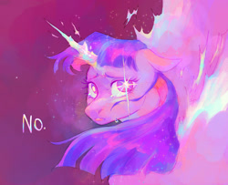 Size: 1600x1300 | Tagged: safe, artist:abbytabbys, part of a set, twilight sparkle, alicorn, pony, g4, alternate universe, artificial horn, artificial wings, augmented, bangs, broken destiny au, colored eyebrows, crying, dream, ethereal body, ethereal horn, ethereal mane, ethereal wings, eyelashes, female, floppy ears, flowing mane, frown, glowing, glowing eyes, glowing horn, glowing mane, glowing tail, glowing wings, horn, large wings, looking at you, looking back, looking back at you, magic, magic eyes, magic horn, magic wings, mare, open frown, open mouth, purple eyes, shiny mane, shiny tail, solo, sparkles, sparkly mane, spread wings, tail, talking, three quarter view, three toned mane, transformed, twilight sparkle (alicorn), unstable magic, white text, wings