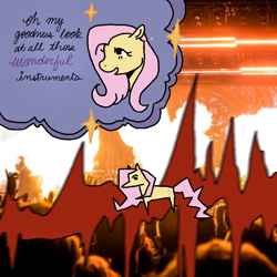 Size: 800x800 | Tagged: safe, artist:bvnnyface, fluttershy, pegasus, pony, g4, concert, female, irl, mare, metallica, open mouth, open smile, photo, ponies in real life, requested art, smiling, sparkles