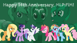 Size: 2048x1152 | Tagged: safe, artist:clever clovers, artist:nightshadowmlp, artist:sunlightsunshine, derpibooru exclusive, applejack, fluttershy, pinkie pie, rainbow dash, rarity, twilight sparkle, oc, oc:clever clovers, ponyar fusion, series:magical mystery crash, mlp fim's fourteenth anniversary, simple background