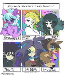 Size: 1280x1529 | Tagged: safe, artist:cutesykill, cloudchaser, cyborg, donkey, human, mudbray, pegasus, pony, g4, 009 re:cyborg, bandage, bandaged eye, big ears, big eyes, black hair, black hooves, blonde hair, blue eyes, blue sclera, brown coat, brown mane, brown tail, buddy (lisa rpg), cloak, clothes, coat markings, colored, colored eyebrows, colored muzzle, colored pinnae, colored sclera, dark muzzle, ear piercing, facial markings, facial scar, female, flat colors, foal, folded wings, frown, gakuran, gray eyes, group, hand on chin, helix piercing, jet link, jujutsu kaisen, library of ruina, light skin, lisa the painful, long mane, looking away, male, mare, mealy mouth (coat marking), megumi fushiguro, narrowed eyes, no catchlights, no mouth, pale belly, pale muzzle, piercing, pokémon, poncho, profile, purple coat, purple hair, rectangular pupil, scar, school uniform, sextet, shiny hair, simple background, six fanarts, skirt, socks (coat markings), spiky mane, straight mane, straight tail, tail, teenager, three quarter view, tied hair, two toned mane, unusual pupils, wall of tags, white background, white pupils, wide eyes, wings, zena (library of ruina)