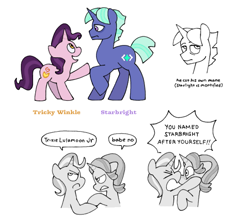 Size: 695x608 | Tagged: safe, artist:driftwoodpony, starlight glimmer, trixie, pony, unicorn, g4, brother and sister, colt, crossed hooves, female, filly, foal, frown, horn, lesbian, magical lesbian spawn, male, mare, offspring, open mouth, open smile, parent:starlight glimmer, parent:trixie, parents:startrix, ship:startrix, shipping, siblings, simple background, smiling, white background, yelling