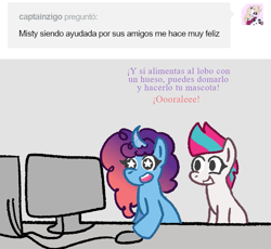 Size: 789x725 | Tagged: safe, artist:zoeyhorse, misty brightdawn, zipp storm, pegasus, pony, unicorn, g5, computer, cute, dialogue, duo, duo female, female, gray background, happy, horn, minecraft, open mouth, simple background, smiling, spanish, starry eyes, translation, translator:moonlight shadows, tumblr, wingding eyes, wingless