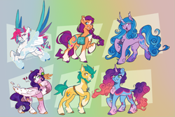 Size: 1606x1080 | Tagged: safe, artist:cerulean-crow, hitch trailblazer, izzy moonbow, misty brightdawn, pipp petals, sunny starscout, zipp storm, earth pony, pegasus, pony, unicorn, g5, beard, cheek fluff, chest fluff, chin fluff, clothes, cloven hooves, coat markings, concave belly, ear piercing, ear tufts, earring, eyebrow piercing, facial hair, facial markings, female, fetlock tuft, floating heart, flying, gradient background, grin, heart, heart eyes, horn, jewelry, looking at you, male, mane five, mane six (g5), mare, no pupils, one eye closed, open mouth, open smile, piercing, raised hoof, rebirth misty, skinny pipp, slender, smiling, smiling at you, socks, spread wings, stallion, standing on two hooves, star (coat marking), starry eyes, thin, wing ring, wingding eyes, wings, wink, winking at you