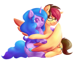 Size: 1904x1529 | Tagged: safe, artist:coco-drillo, izzy moonbow, oc, pegasus, pony, unicorn, g5, canon x oc, chest fluff, commission, cuddling, ear fluff, glasses, horn, hug, messy mane, shipping, simple background, unshorn fetlocks, white background, winghug, wings