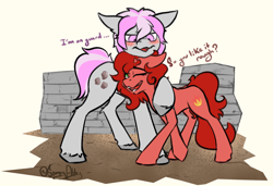 Size: 1936x1325 | Tagged: safe, artist:spoopy-abby, oc, oc:hired gun, oc:wildfire, earth pony, pony, fallout equestria, fallout equestria: heroes, blushing, brick wall, duo, ear fluff, fanfic art, female, flirting, male, mare, stallion, unshorn fetlocks