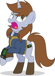 Size: 2531x3450 | Tagged: safe, artist:mangrov, oc, oc only, oc:littlepip, pony, unicorn, fallout equestria, clothes, horn, jumpsuit, open mouth, pipbuck, rearing, screaming, simple background, solo, transparent background, vault suit