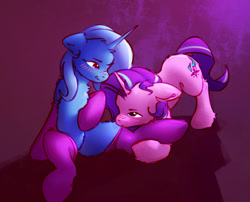 Size: 2097x1691 | Tagged: safe, artist:itssim, starlight glimmer, trixie, pony, unicorn, g4, blush lines, blushing, chest fluff, clothes, duo, duo female, female, horn, lesbian, mare, ship:startrix, shipping, socks, tail