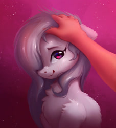 Size: 1904x2093 | Tagged: safe, artist:itssim, marble pie, earth pony, human, pony, g4, blush lines, blushing, commission, duo, female, fluffy, human on pony petting, looking at you, mare, offscreen character, offscreen human, petting, smiling, smiling at you