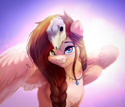 Size: 1957x1679 | Tagged: safe, artist:itssim, oc, oc only, oc:ondrea, pegasus, pony, braid, commission, female, looking at you, mare, partially open wings, pegasus oc, smiling, smiling at you, solo, wings