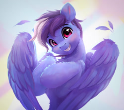 Size: 1914x1689 | Tagged: oc name needed, safe, artist:itssim, oc, oc only, pegasus, pony, belly, blush lines, blushing, cheek fluff, chest fluff, commission, concave belly, feather, fluffy, grin, looking at you, male, pegasus oc, smiling, smiling at you, solo, spread wings, stallion, wings