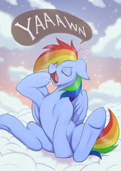 Size: 2480x3508 | Tagged: safe, artist:neoshrek, rainbow dash, pegasus, pony, g4, cloud, female, mare, open mouth, outdoors, sitting, solo, underhoof, yawn