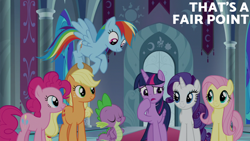 Size: 2000x1125 | Tagged: safe, edit, edited screencap, editor:quoterific, screencap, applejack, fluttershy, pinkie pie, rainbow dash, rarity, spike, twilight sparkle, alicorn, dragon, earth pony, pegasus, pony, unicorn, g4, season 9, the beginning of the end, canterlot castle interior, female, horn, indoors, male, mane seven, mane six, mare, twilight sparkle (alicorn), winged spike, wings