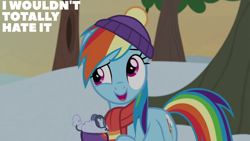 Size: 2000x1125 | Tagged: safe, edit, edited screencap, editor:quoterific, screencap, rainbow dash, pony, winterchilla, g4, my little pony best gift ever, my little pony: friendship is magic, clothes, cute, dashabetes, outdoors, scarf, snow, solo