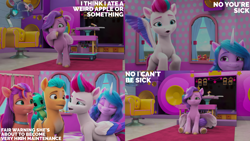 Size: 2000x1125 | Tagged: safe, edit, edited screencap, editor:quoterific, screencap, hitch trailblazer, izzy moonbow, pipp petals, sparky sparkeroni, sunny starscout, zipp storm, dragon, earth pony, pegasus, pony, unicorn, a little horse, g5, my little pony: make your mark, my little pony: make your mark chapter 4, horn, indoors, mane five, mane stripe sunny