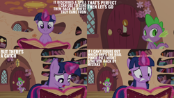 Size: 2000x1125 | Tagged: safe, edit, edited screencap, editor:quoterific, screencap, spike, twilight sparkle, dragon, pony, unicorn, g4, season 3, too many pinkie pies, book, duo, duo male and female, female, golden oaks library, horn, indoors, male, unicorn twilight, wingless spike