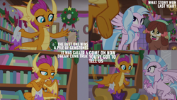 Size: 2000x1125 | Tagged: safe, edit, edited screencap, editor:quoterific, screencap, silverstream, smolder, yona, dragon, hippogriff, yak, g4, season 8, the hearth's warming club, bookshelf, christmas wreath, couch, fire, fireplace, indoors, paws, rag, school of friendship, string lights, underpaw, wreath