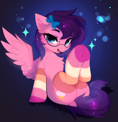 Size: 3392x3483 | Tagged: safe, artist:empress-twilight, oc, oc only, oc:pamir, pegasus, pony, butt, cheek fluff, chest fluff, clothes, commission, dock, ear fluff, female, glasses, hooves together, legs in air, lesbian pride flag, looking at you, mare, open mouth, open smile, pegasus oc, plot, pride, pride flag, pride socks, smiling, smiling at you, socks, solo, sparkles, spread wings, striped socks, tail, wings, ych result