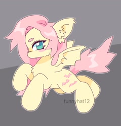 Size: 1960x2048 | Tagged: safe, artist:funnyhat12, fluttershy, bat pony, pegasus, pony, g4, bat ponified, bat wings, cute, female, flutterbat, flying, gray background, looking at you, race swap, simple background, solo, spread wings, wings