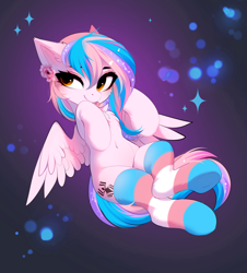 Size: 3542x3925 | Tagged: safe, artist:empress-twilight, oc, oc only, oc:sylvie, pegasus, pony, :p, belly, belly button, cheek fluff, chest fluff, clothes, commission, ear fluff, female, mare, pegasus oc, pride, pride flag, pride socks, socks, solo, sparkles, spread wings, striped socks, tail, tongue out, transgender pride flag, wings, ych result