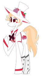 Size: 1630x2940 | Tagged: safe, artist:scridley-arts, earth pony, pony, snake, apple, barely pony related, clothes, crossover, food, hat, hazbin hotel, hellaverse, lucifer magne, lucifer morningstar, lucifer morningstar (hazbin hotel), male, png, ponified, simple background, smiling, solo, stallion, top hat, transparent background