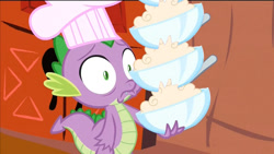 Size: 1280x720 | Tagged: safe, edit, edited screencap, editor:poniesmeme20, screencap, spike, dragon, g4, just for sidekicks, season 3, chef's hat, engrish, frown, golden oaks library, hat, indoors, male, solo, wat, wide eyes, wingless spike