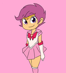 Size: 1280x1415 | Tagged: safe, artist:qsky, scootaloo, human, equestria girls, g4, chibi moon, clothes, cute, cutealoo, female, gloves, pink background, sailor moon (series), sailor uniform, simple background, smiling, solo, uniform