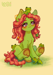 Size: 2528x3579 | Tagged: safe, artist:lenori, tree hugger, earth pony, frog, pony, g4, cute, dreadlocks, female, mare, sitting, smiling, underhoof