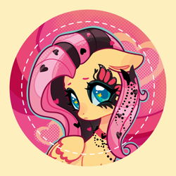 Size: 2084x2084 | Tagged: safe, artist:lenori, fluttershy, pegasus, pony, g4, alternate hairstyle, badge, choker, cute, dyed mane, face paint, female, looking at you, makeup, mare, ponymania, punk, shyabetes