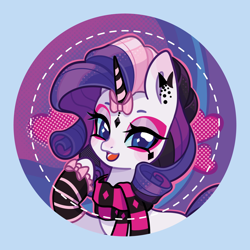 Size: 2084x2084 | Tagged: safe, artist:lenori, rarity, pony, unicorn, g4, alternate hairstyle, badge, bow, clothes, dyed mane, ear piercing, earring, face paint, female, gloves, horn, horn bow, jewelry, looking at you, mare, piercing, ponymania, punk, scarf, smiling