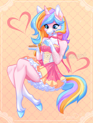 Size: 1669x2208 | Tagged: safe, artist:syronica, oc, oc:oofy colorful, unicorn, anthro, breasts, clothes, cute, dress, female, food, herbivore, horn, mare, ocbetes, pie, unicorn oc