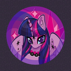 Size: 2277x2277 | Tagged: safe, artist:lenori, twilight sparkle, alicorn, pony, g4, badge, bust, choker, female, looking at you, makeup, mare, piercing, ponymania, punk, smiling, smiling at you, solo, twilight sparkle (alicorn)